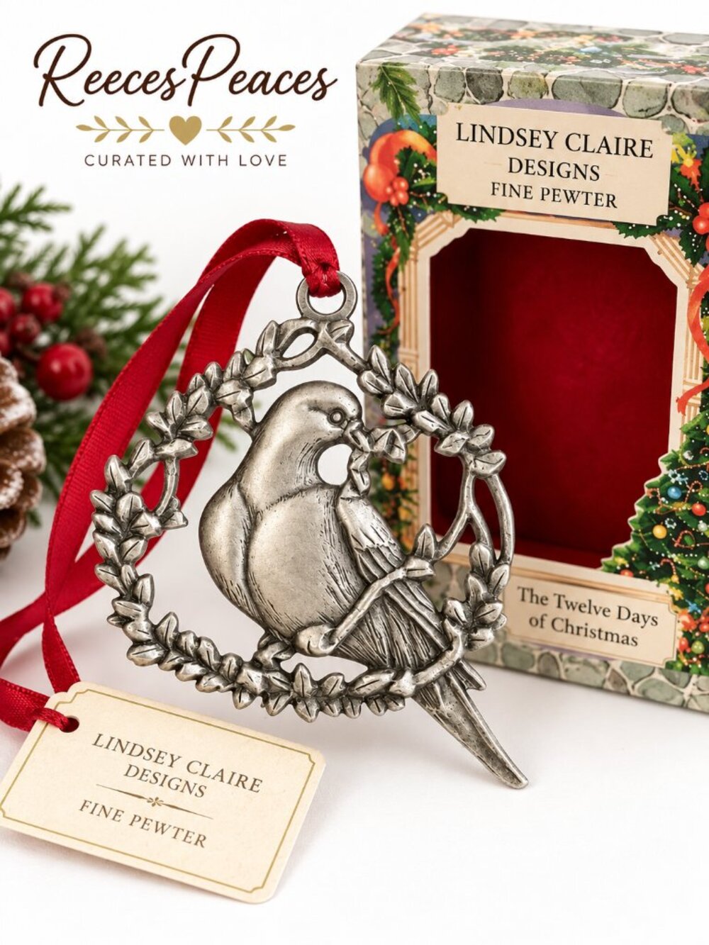 Lindsey Claire Fine Pewter Partridge in a Pear Tree Ornament w/ Box
